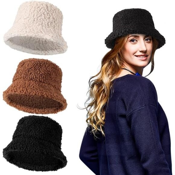 3 Pieces Women's Winter Fuzzy Bucket Hat